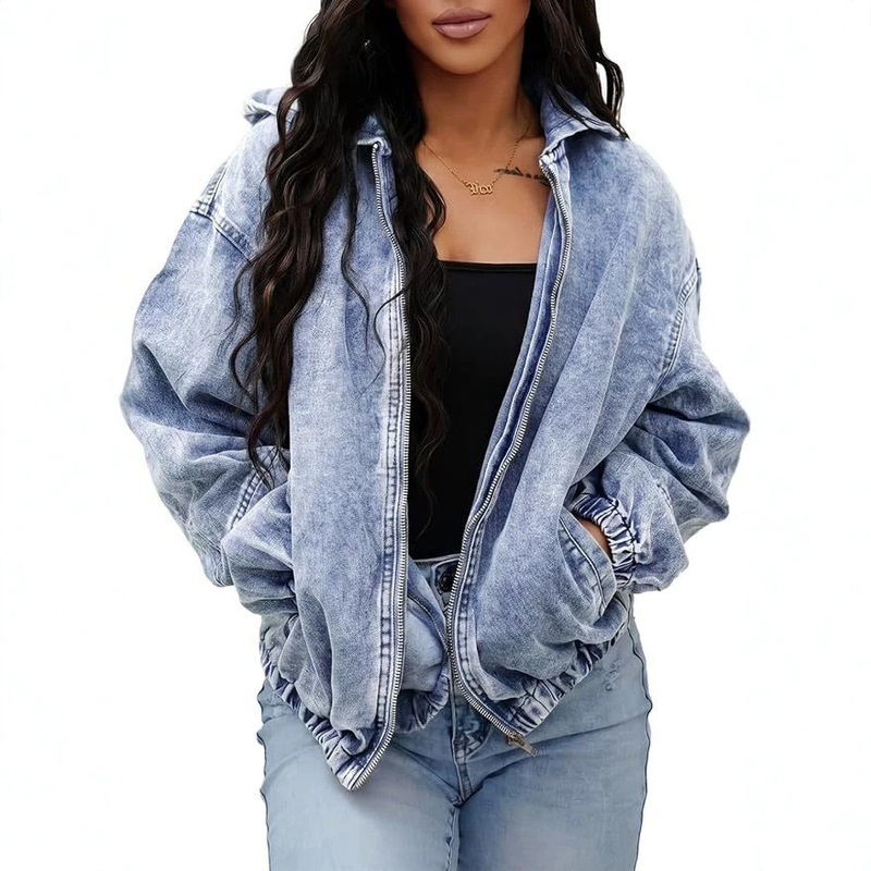 Cross-border 2026 European and American women's vintage washed denim jacket with dropped shoulders, long sleeves, zipper, hood, and elastic short design Cross-border 2026 European and American women's vintage washed denim jacket with dropped shoulders, long sleeves, zipper, hood, and elastic short design