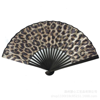 跨境现货一件代发欧美风豹纹骷髅头印花竹扇直骨黑骨小扇子