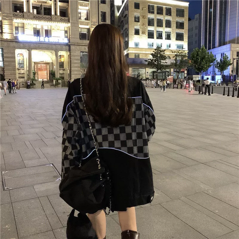 Denim jacket, oversize spring 2022 collection, black checkerboard design