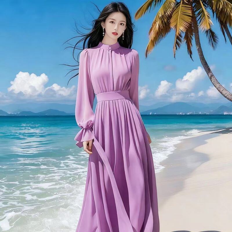 Elegant Chiffon Large Hem Purple Dress for Women 2025 New French Style Travel Vacation Photo Taking Elegant Autum Skirt Elegant Chiffon Large Hem Purple Dress for Women 2025 New French Style Travel Vacation Photo Taking Elegant Autum Skirt