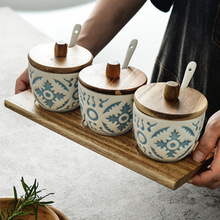 批发浮雕陶瓷调味罐欧式家用厨房木制带勺创意三件套装组合调料盒