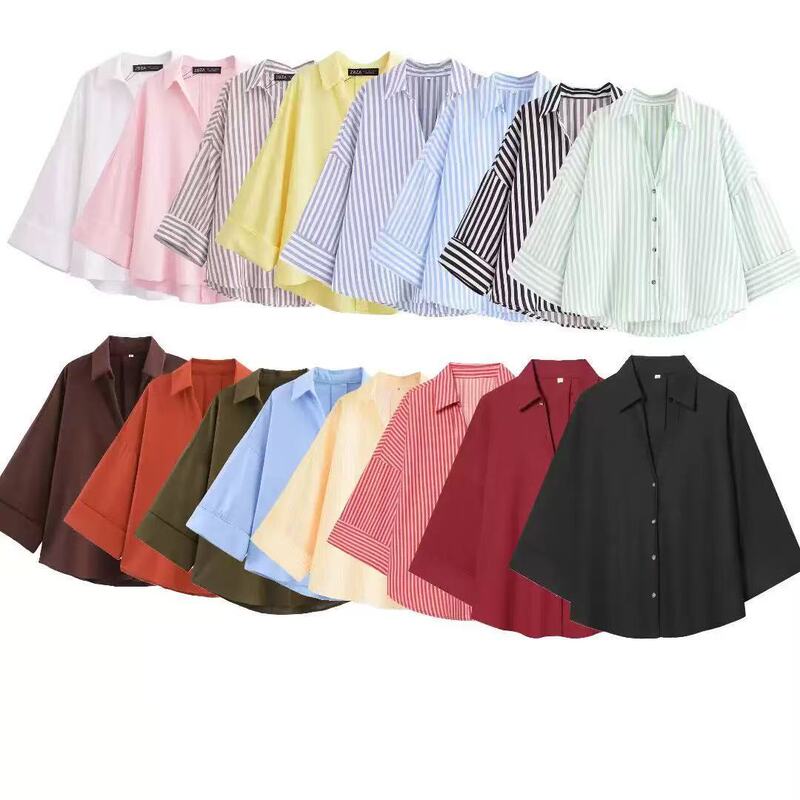 AliExpress wholesale spring new women's versatile striped V lapel single-breasted wide-sleeved shirt 2340939