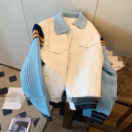 毛衣拼接牛仔外套女翻领夹克复古设计感棒球服年秋季新款上衣