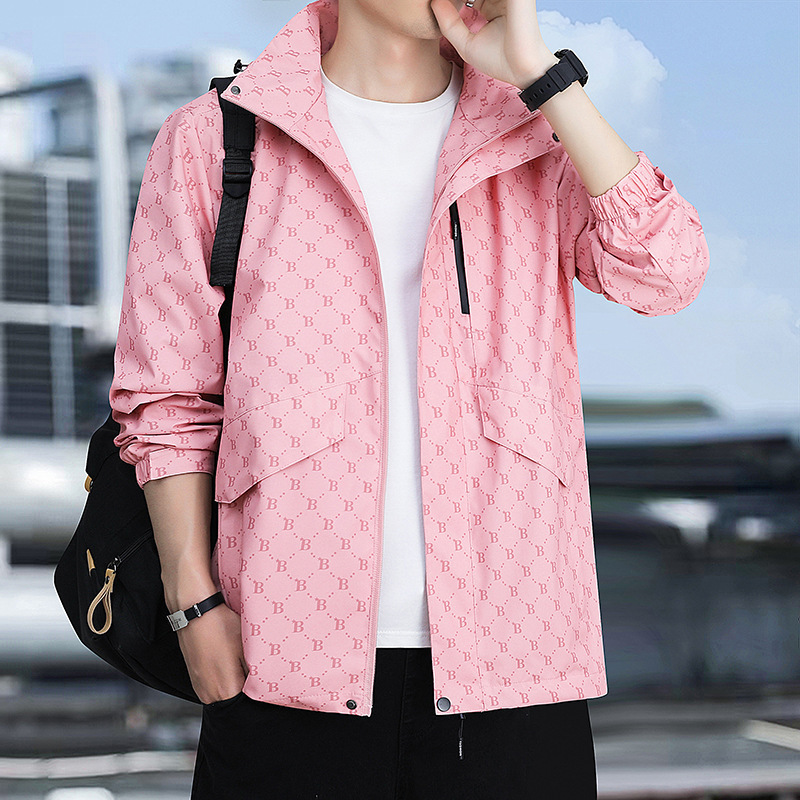 Chaqueta con capuz para hombres de otoño nuevo estilo juvenil coreano impresión completa chaqueta casual suelta impermeable