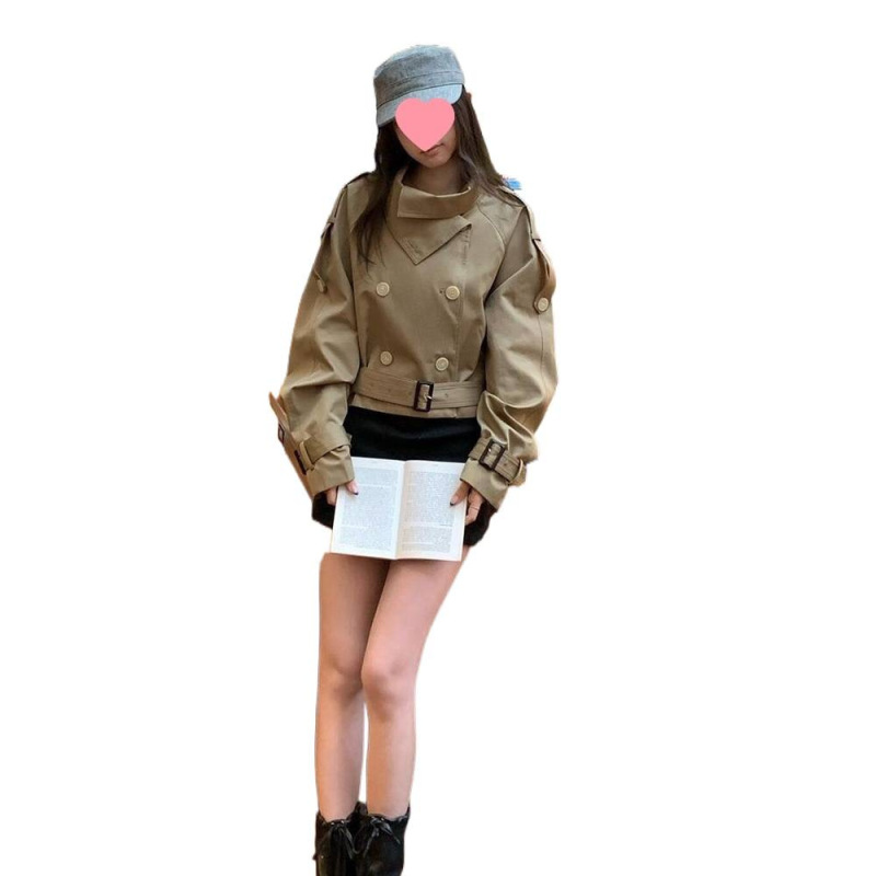 卡其色立领秋冬排扣带腰袢风衣高级气质感外套女|undefined