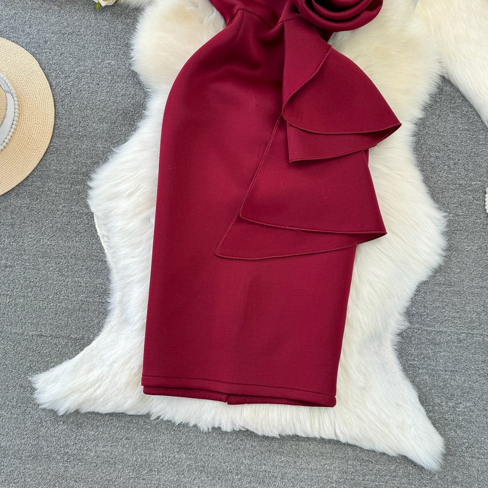 Elegant Off-Shoulder Slim Fit Bodycon Dress with 3D Floral Embroidery High Waist Midi Length Women's Clothing/Dress_ecoleips.com