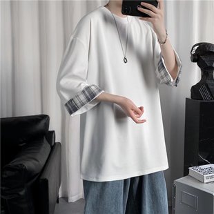 Three-Quarter Sleeve T-Shirt Men's Summer Short-Sleeved Ins Trendyy Loose Clothes T-Shirt Men's 2023 New Half-Sleeved Tops