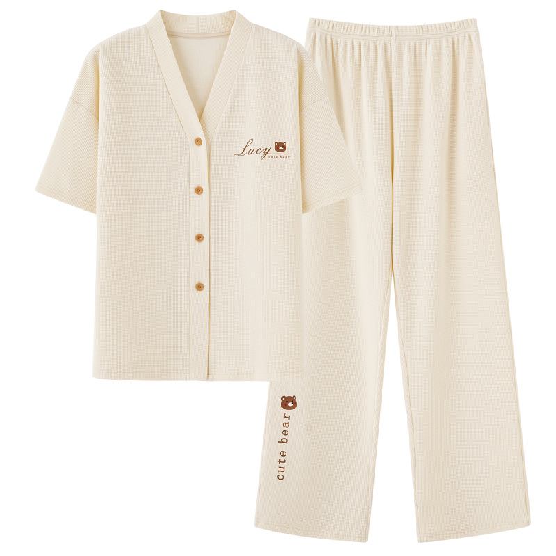 Estilo coreano nueva pareja waffle pijamas verano Pantalones casual de manga corta pareja cardigan con cuello en V traje de primavera y verano casa