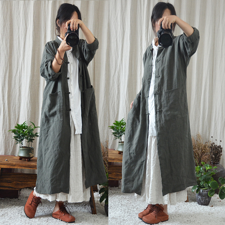 Original women's clothing spring and autumn handmade buckle thickened artistic women's clothing Ramie long coat Chinese cardigan trench coat