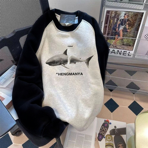 10 Cotton American Print Crew Neck Zip-Up Sweatshirt with Fleece and Thickening Women's Autumn/Winter Style Loose Trend Top for Men