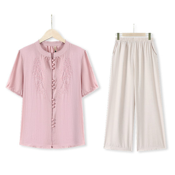 Mother's Summer New Chinese Style suit Stylish V-neck Shirt Middle-aged and Elderly Women's Summer Loose Antique Small Shirt