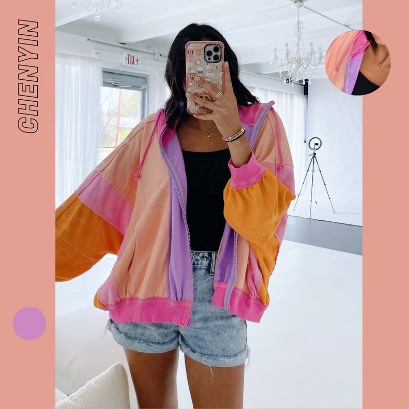 Ins New European and American Style Women's Autumn Jacket·Fresh Cotton Sweatshirt with Color-Blocking Hooded Oversized Jacket