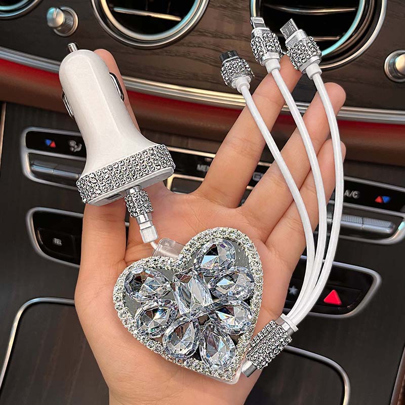 Diamond-encrusted data cable three-in-one car charging cable multifunctional retractable portable storage three-port tpyec charging
