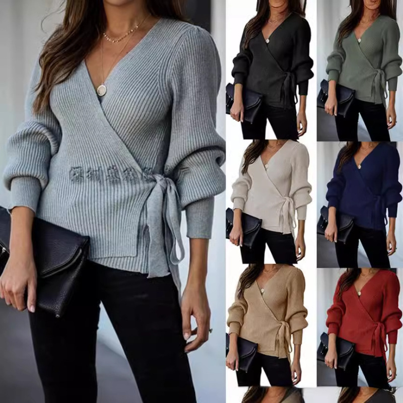 Autumn and Winter Amazon New Style Lace-Up Elegant Commuter V-Neck Sweater for Women, Loose-Fitting Plus-Size Fashionable Knit Cardigan