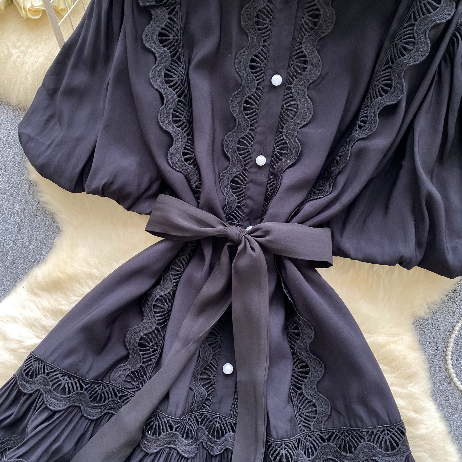 Women's Clothing Retro Palace Fashionable Lace Splicing Tie Waist Dress Lantern Sleeve Slim Temperament A Line Skirt_ecoleips.com
