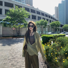 小君君布兰妮 风间清茶 特调定染天丝苎麻炒色衬衣同色系吊带套装