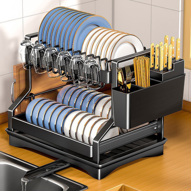 Estante de platos de cocina transfronteriza Estante de almacenamiento de mesa Estante de almacenamiento de platos multifuncional Estante de almacenamiento de platos palillos Estante de cuchillos de cilindro Estante de tablero de corte Doble capa