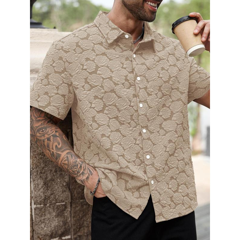 跨境【plus Size】men's Vintage Rose Print Short Sleeve Shirt|undefined