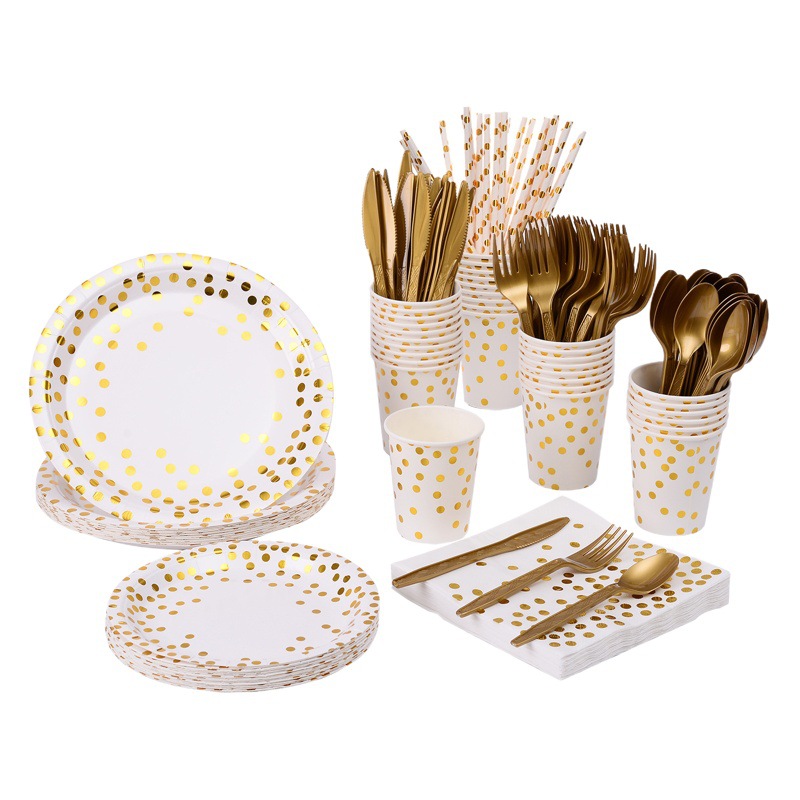 Nueva transfronteriza Venta caliente vajilla desechable traje suministros de fiesta cuchillo, tenedor, cuchara plato de papel taza bronceado serie en stock