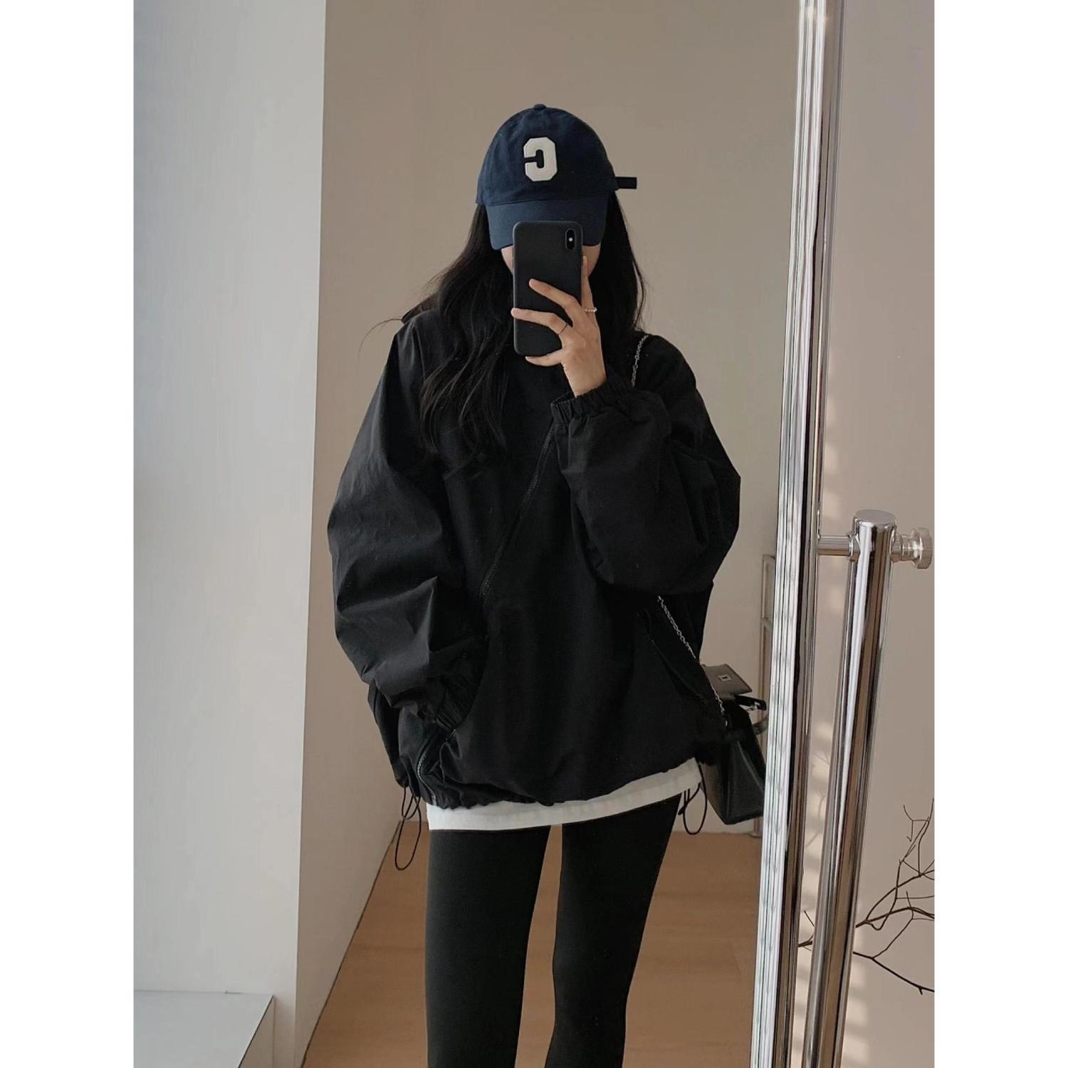 New Spring and Autumn Women's Hooded Windbreaker with Diagonal Zipper, Loose Fit, Concealing Design, Casual Fashion, Solid Color, Trendy Jacket