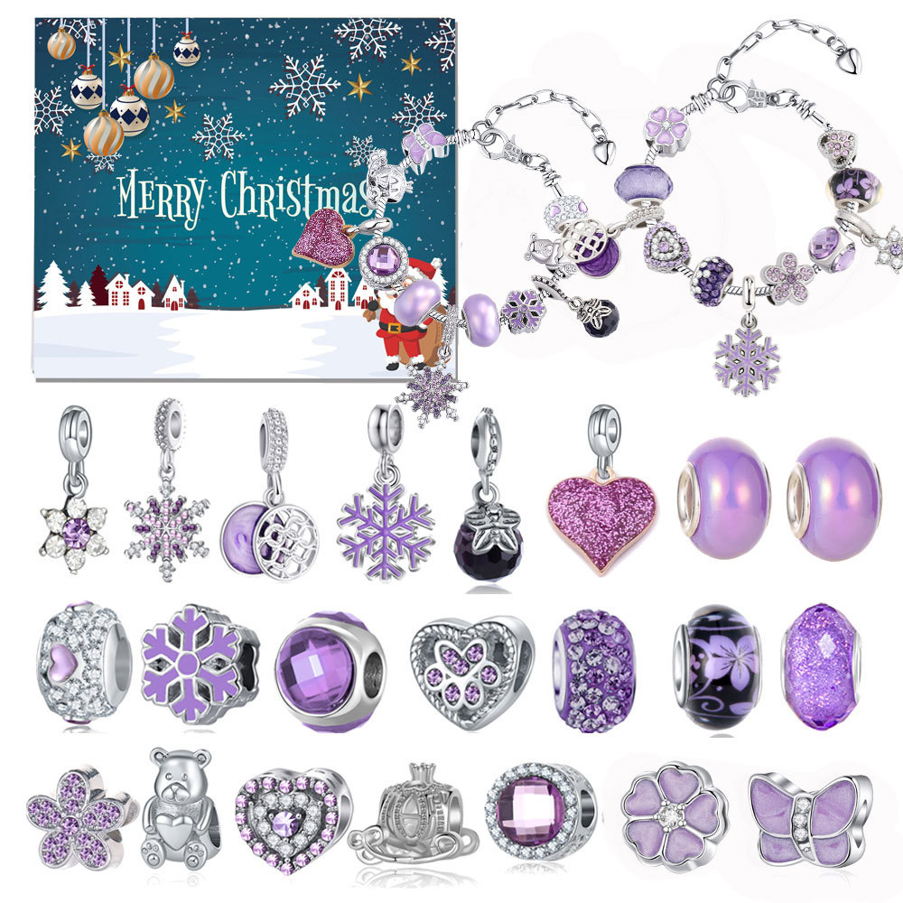 Christmas snowflake beaded jewelry gift box countdown calendar diy purple color heart-shaped beaded bracelet blind box