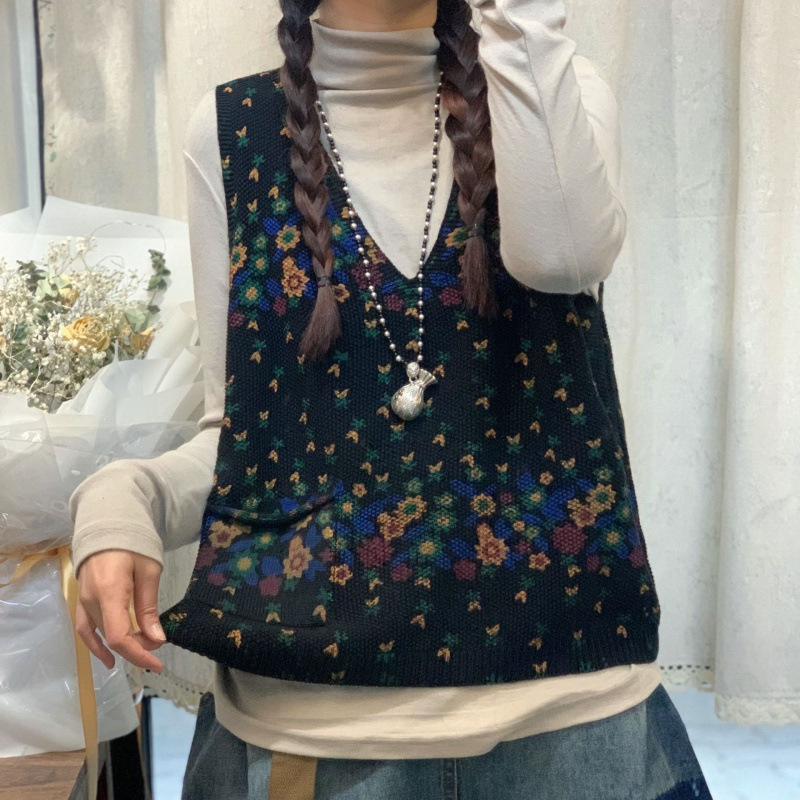 女性用のレトロな小花柄ニットベスト、ファッショナブルなポケット、Vネック、多用途、ファッショナブルなチョッキ、ベスト、セーターベスト|undefined