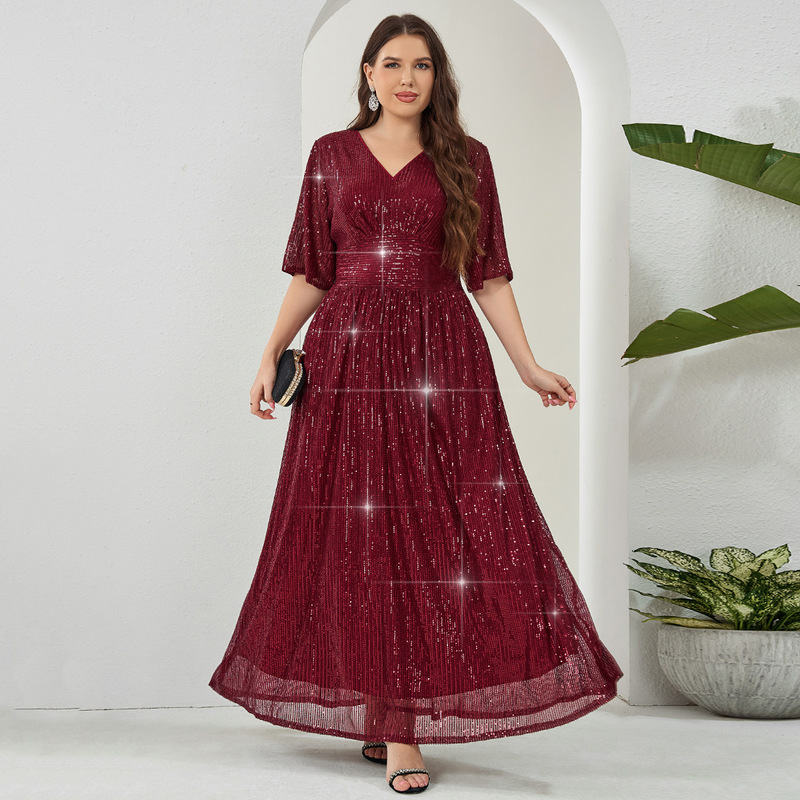Plus Size New European and American Amazon Women's Sequin V Neck Long A-Line Half Sleeve Dress Evening Dress
