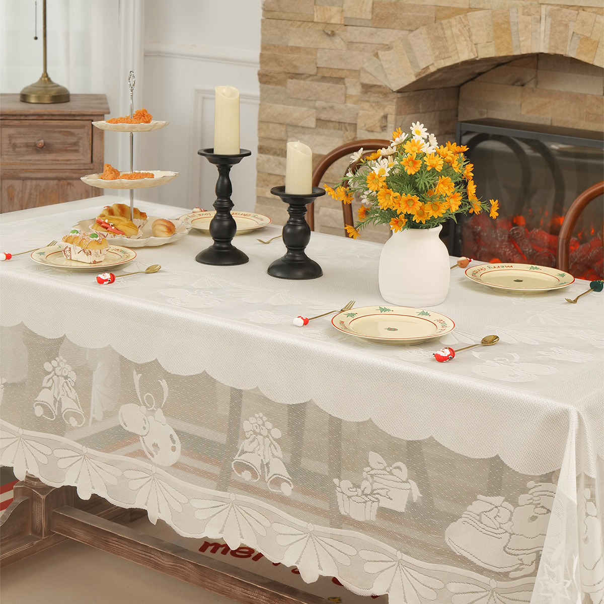 Amazon transfronterizo nuevo estilo de Navidad diversión tela de mesa urdimbre encaje decoración de tela de mesa de Navidad TEMU