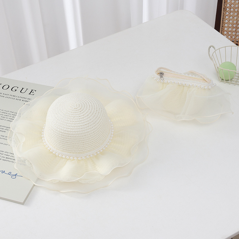 Pearl mesh wavy edge straw hat-milk white