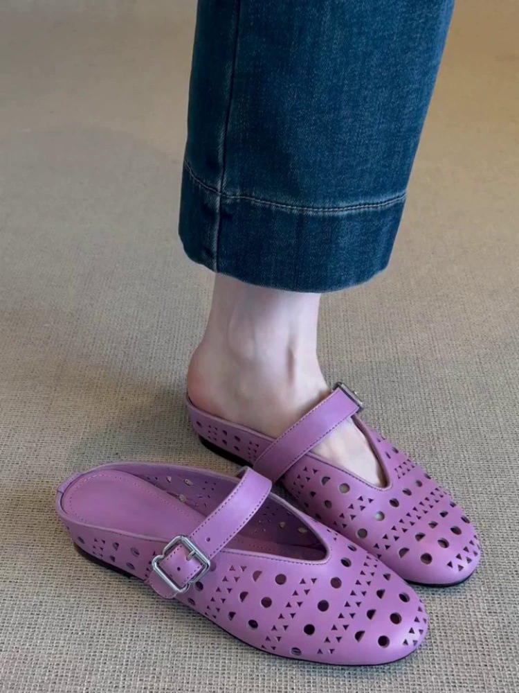 Версия из овчины ~ женские сандалии из натуральной кожи с французским вырезом, летние нежные тапочки с неглубоким носком, туфли Мэри Джейн на плоской подошве.