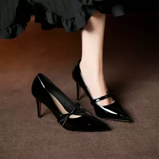 8000-2新款尖头高跟鞋女细跟漆皮蝴蝶结婚鞋伴娘气质单鞋