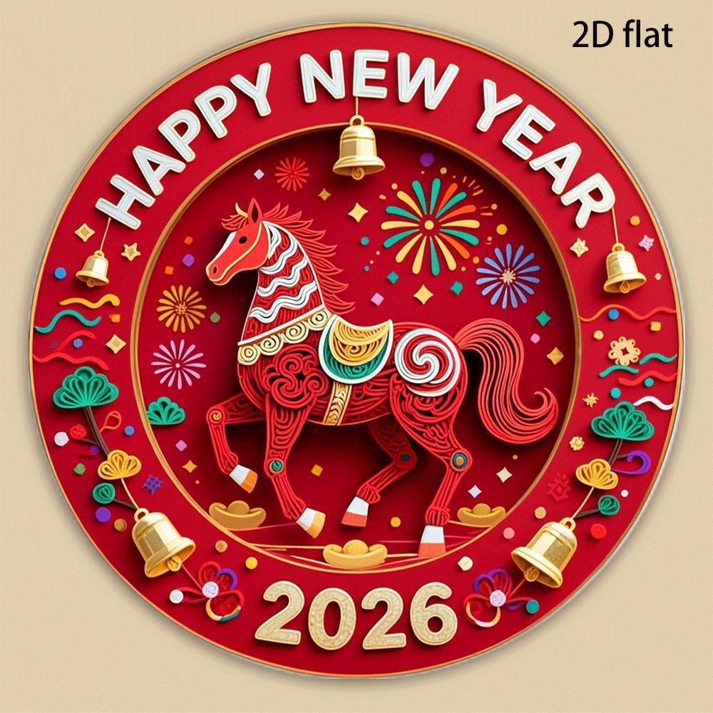 Colgante diseño gráfico 2D feliz año nuevo caballo redondo acrílico refrigerador imán hogar cocina decoración regalo creativo