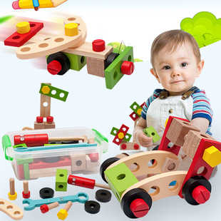 Wooden Variety Nut Simulation DIY Portable Toolbox Combination Disassembly and Assembly Educational Boys Play House Maintenance Toys