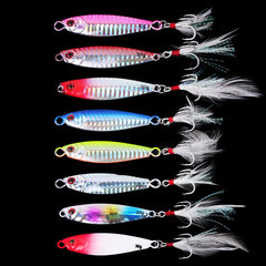 Floating 7-30g Maru-ban lead fish lure for sea bass and Spanish mackerel—ideal for long-distance casting, shore fishing, and rigged with feathered hooks featuring blood grooves.