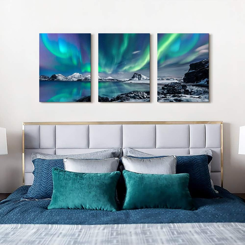 Aurora Landscape Painting Canvas Decoration Living Room Framed Canvas Three-Piece Set Bedroom/Bathroom Wall Decoration