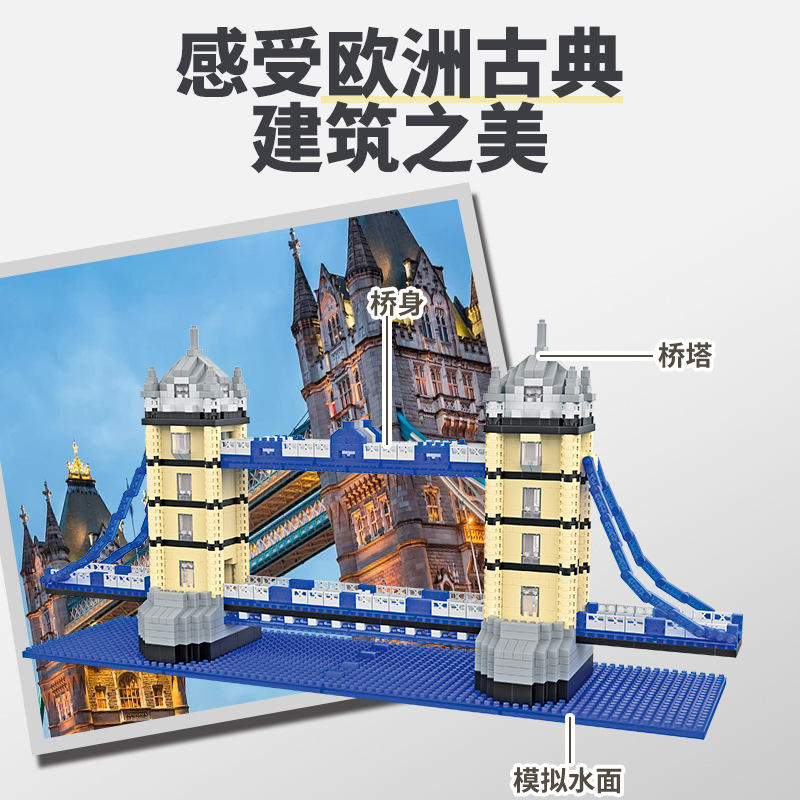 M2111 Twin Bridge, edificio de fama mundial, partículas de diamante en miniatura, mosaico de ocio, modelo de bloque de construcción de juguete, transfronterizo