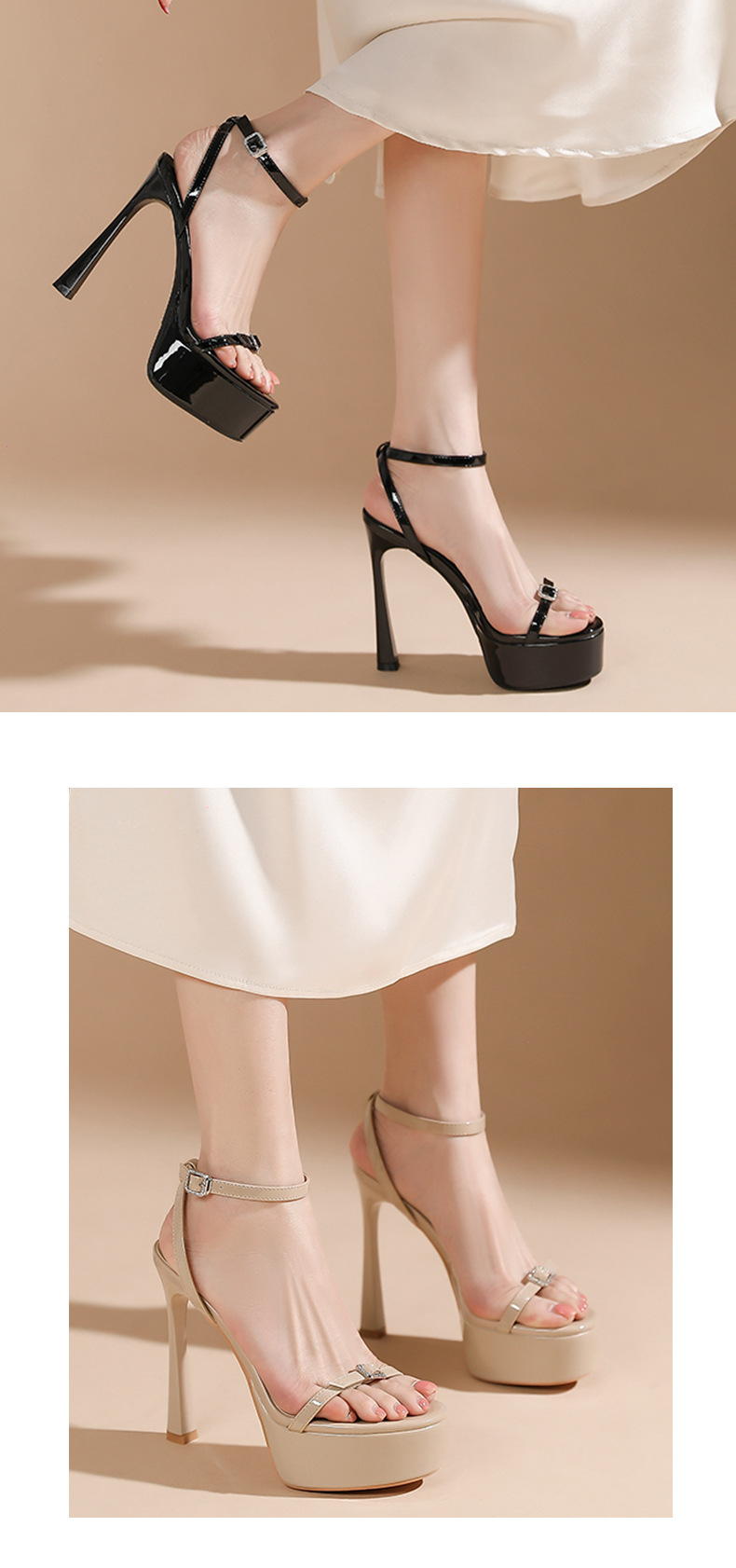 Sandal cao gót nữ quai một dây mảnh khóa cài, mũi tròn đế xuồng chống trượt — màu đen chi tiết 6