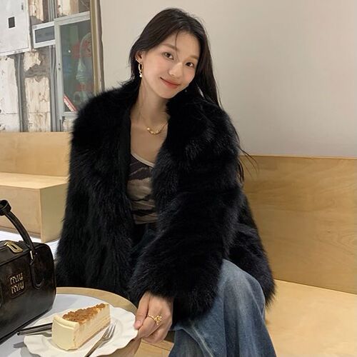2025 Autumn/Winter Fox Fur Imitation Pea Coat with High Collar, Thick Warmth, Korean Style Fur Hooded Coat for Rich Girls