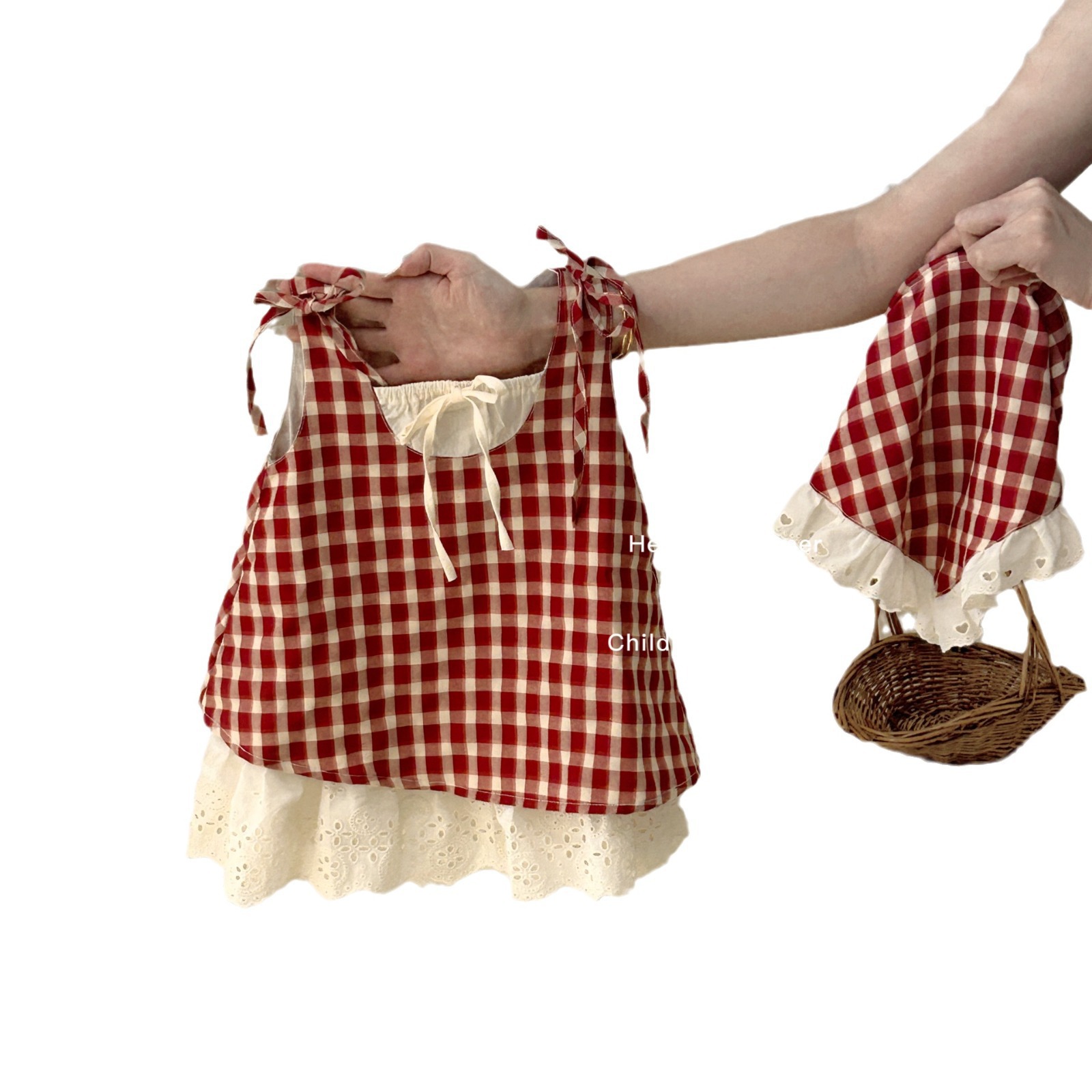 Qianqi ropa infantil de chicas cuadrado rojo falso vestido de dos piezas de verano nuevo chaleco de bebé de moda