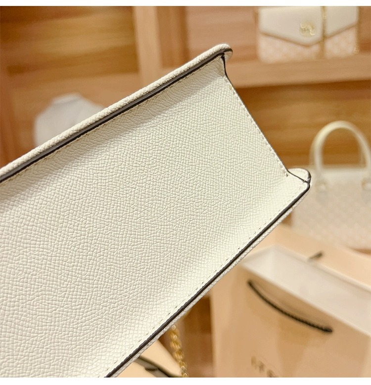 Túi đeo chéo nữ da thật may chần kiểu đơn giản, dây xích, nhỏ gọn — Màu trắng chi tiết 9