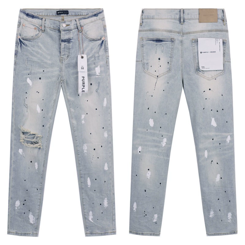 Новые Purple Brand splash-ink принт американский стиль высокого стрит, стирка washed distressed casual ripped skinny джинсы для мужчин