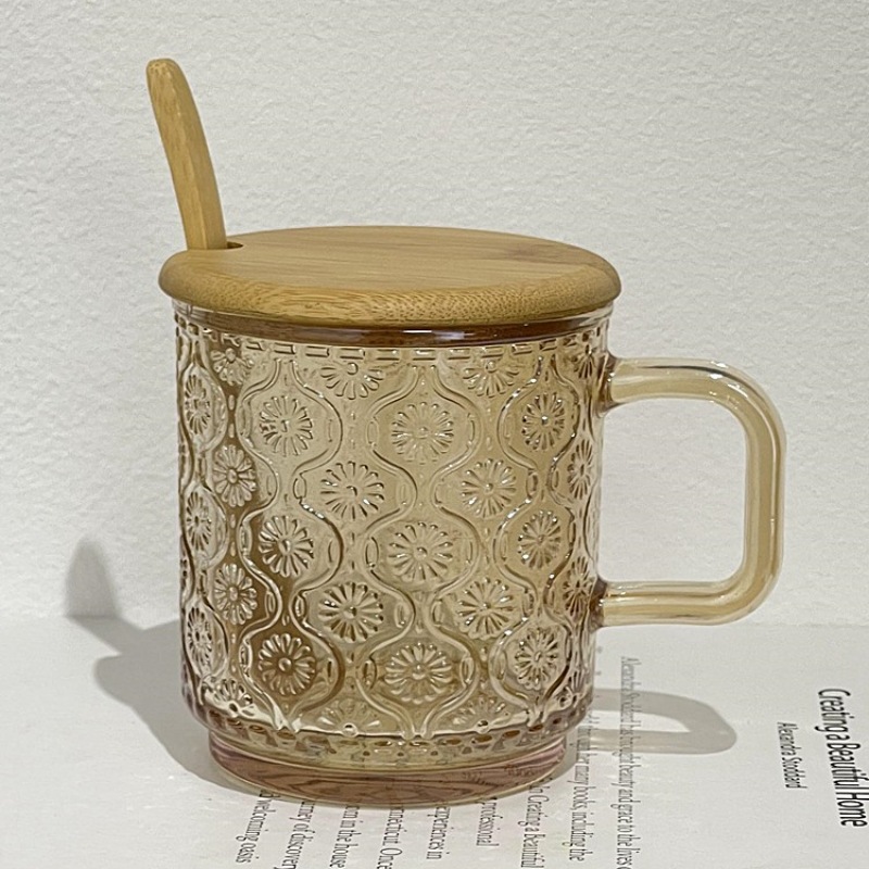 Caneca de vidro vintage com alça, estilo Instagram, com relevo, ideal para café gelado americano ou latte, perfeita para o café da manhã com leite._voghion.com