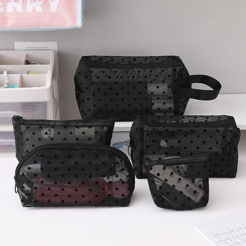 Portable and Professional 5-Piece Set Ins Flocked Mesh Heart Shaped Makeup Bag with Travel Friendly Cleansing and Lipstick Storage