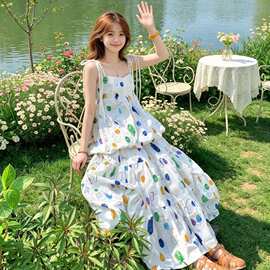 原版做法 穿搭彩色波点吊带连衣裙子夏季绝美花苞半身裙两件套女