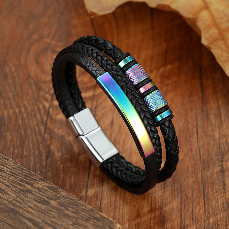 1 Piece Quantity Daily, Street Occasion Punk Geometric Customization Laser Engraving Leather Plating Men's Bracelets Men Cord & Leather Bracelets