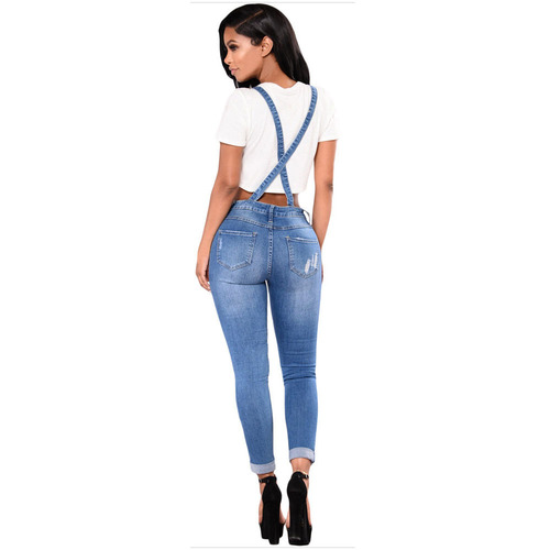 Women's ripped denim overalls, European and American style, Amazon denim skinny jumpsuit