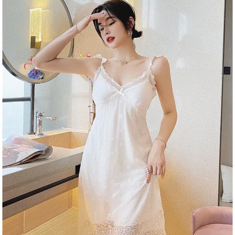 21 New Ice Silk Sexy Ruffled Fairy Lace Pajamas Single Nightgown Live Explosions
