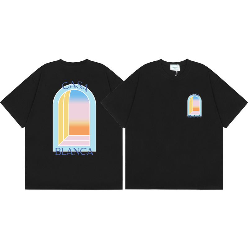 クロスボーダー2025夏服カサブランカドア枠ロゴプリント男女ゆるい半袖tシャツ重ポンド綿|undefined