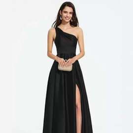 黑色单肩晚礼服裙女宴会气质高端名媛高贵优雅女王设计感小众轻奢