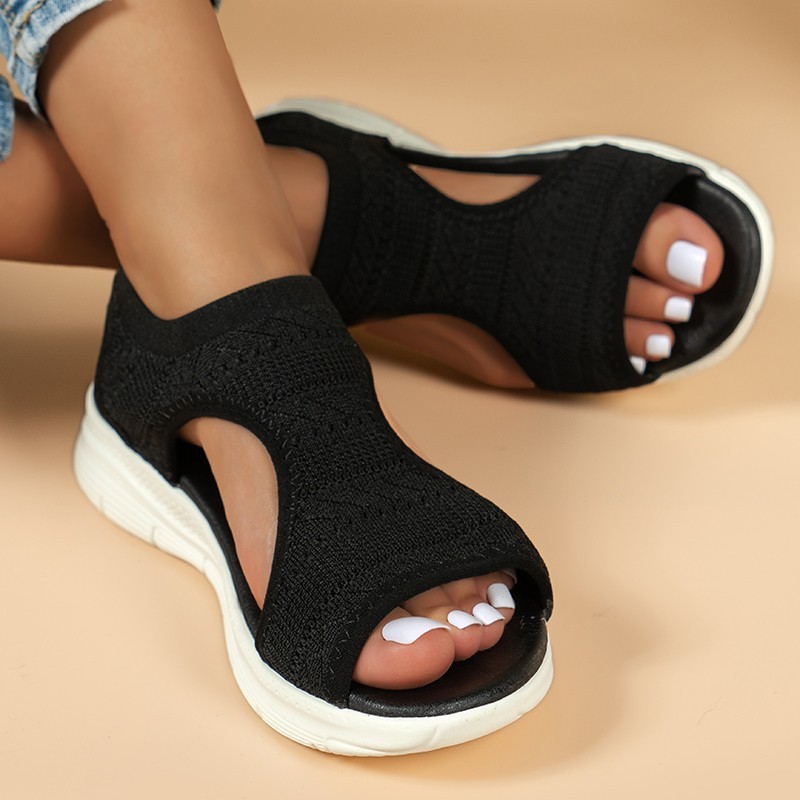 2025 comercio exterior damas de verano de fondo grueso sandalias de boca de pez transfronterizas tela de malla de gran tamaño ventilada talón pendiente image 4